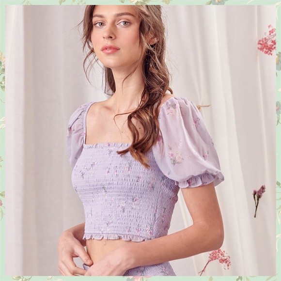 📌 STORIA Smocked Bodice Crop Top & Skirt Chiffon Sleeves & Double Ruffled Skirt - Picture 13 of 16
